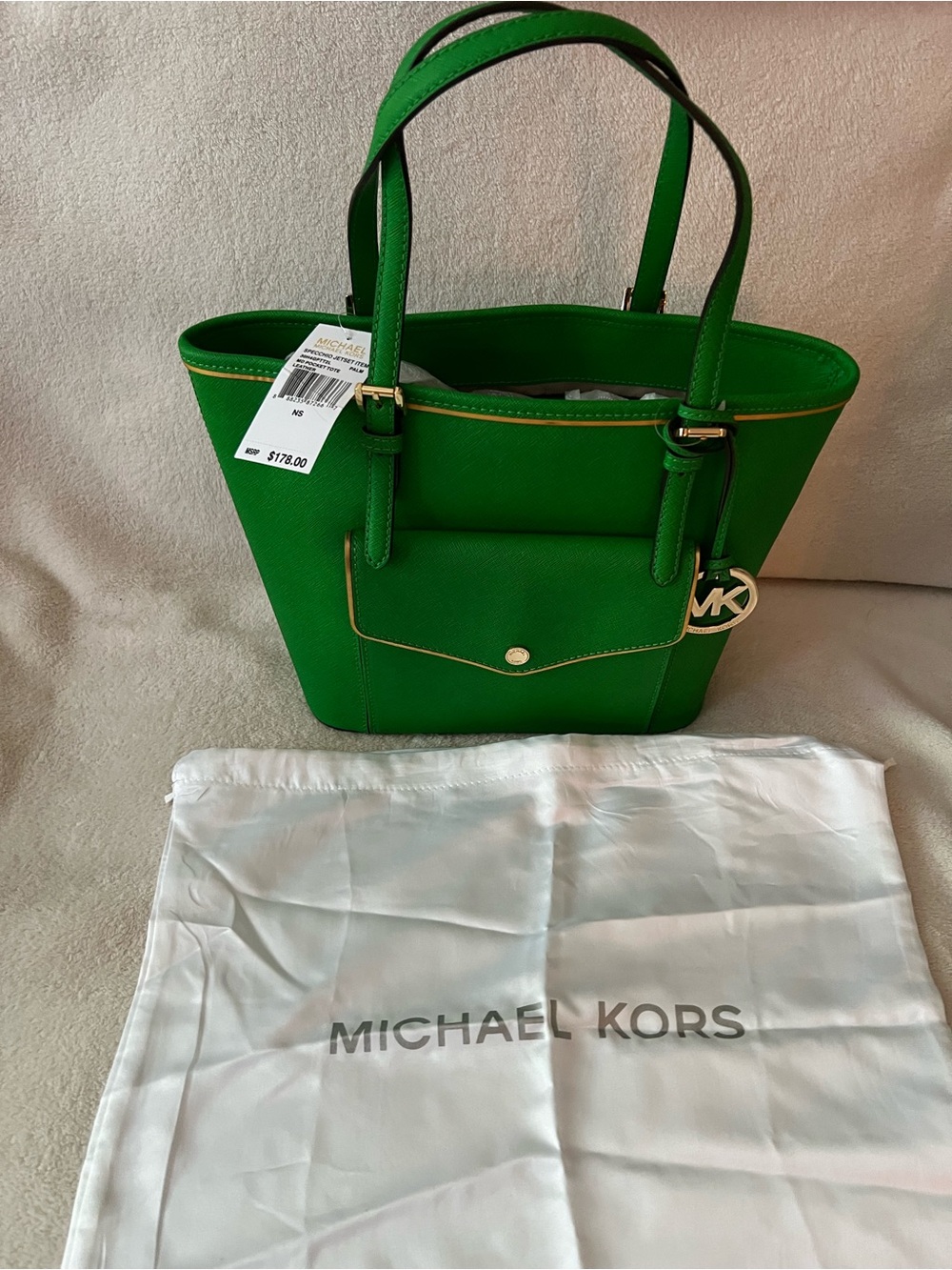 Michael Kors Bright Green Saffiano Leather Tote with Front Pocket NWT
